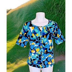 Rafaella Tunic Top 2X Blue Multicolor Short Sleeves Stretch Studs Artsy Beachy